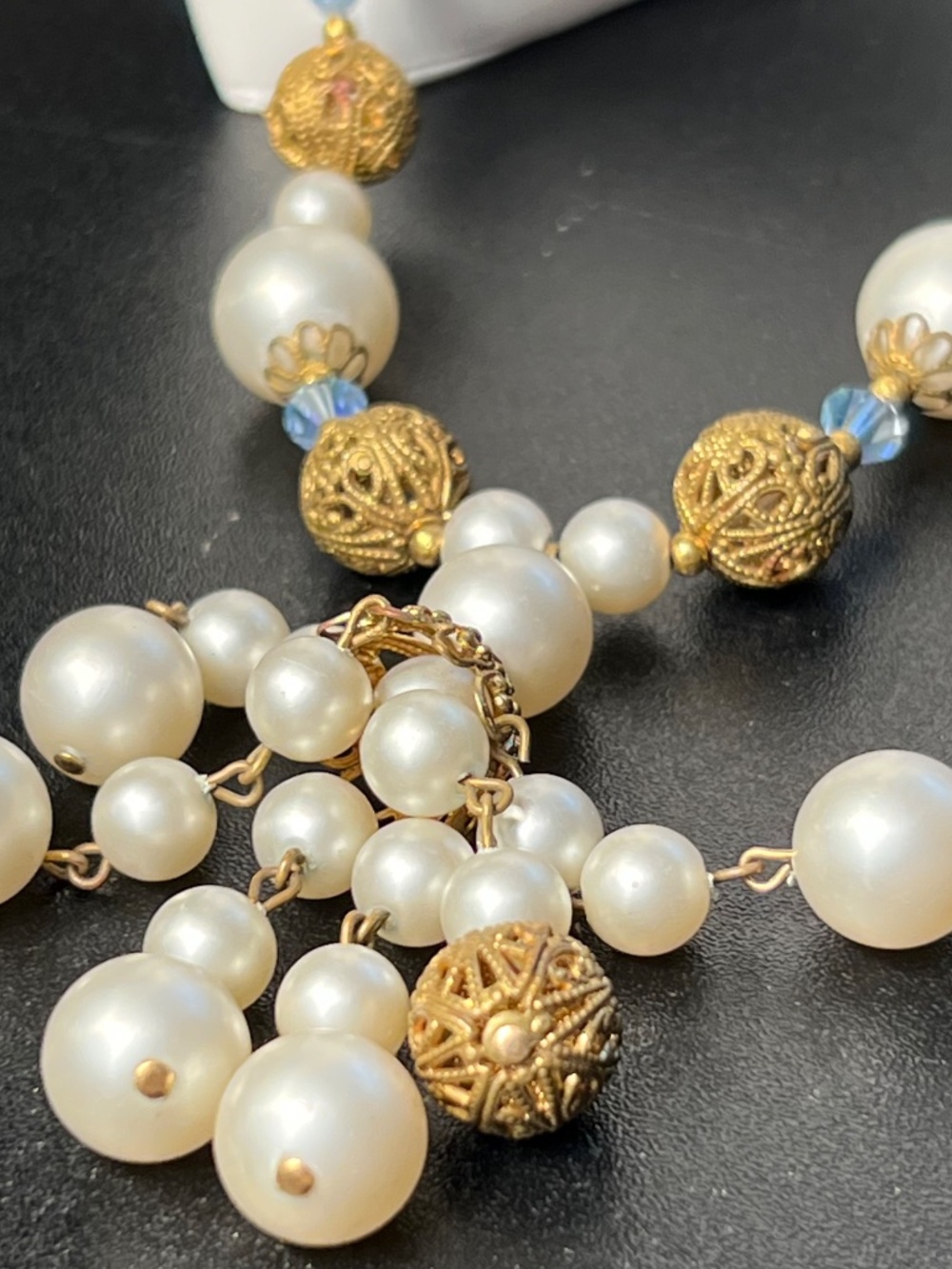 Vintage Faux Pearl Antique Gold Tone Filligree Blue Glass Tricone Bead Necklace - Picture 2 of 6